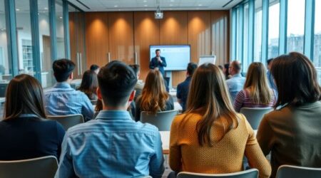 Users listening to IT training in large conference room