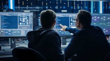 IT Security Two Security Engineers looking at monitor Cyber Incident Response Team