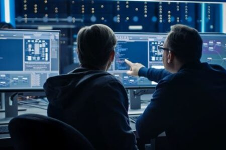 IT Security IT Security Two Security Engineers looking at monitor Cyber Incident Response Team