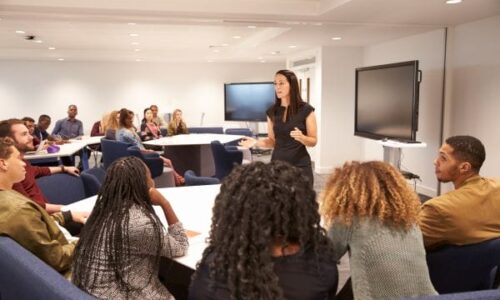 IT Solutions for Higher Education Female professor teaching in front of a class