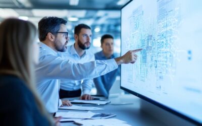 Strategic IT Security Partner A security expert pointing at screen and discussing with others
